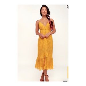 Robyn Mustard yellow lace button up midi dress
